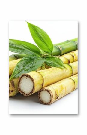 Closeup of Fresh Sugarcane Stalks with Green Leaves