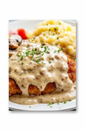 Breaded cutlet with mushroom sauce, mashed potatoes and mushrooms on white plate