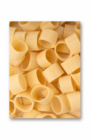 Raw Calamarata Big Pasta Isolated, Homemade Dry Macaroni, Italian Raw Round Noodle