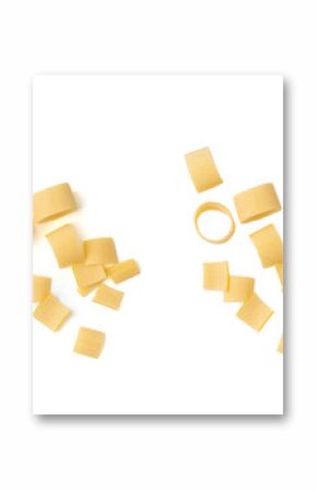 Raw Calamarata Big Pasta Isolated, Homemade Dry Macaroni, Italian Raw Round Noodle