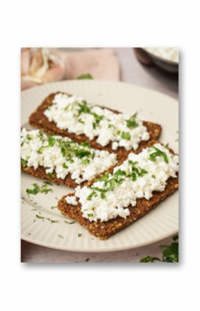 Plate with tasty cottage cheese and rye bread on light grunge background