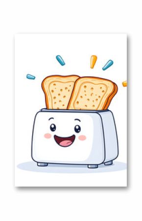 A cheerful cartoon toaster with a smiling face and two slices of toast popping up on a white background