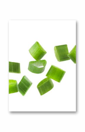 Chopped green onion. Fresh slices flying on white background