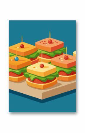 A brand new take on finger sandwiches miniature creations bursting with bold flavors and creative combinations perfect for a gourmet party platter.. Vector illustration