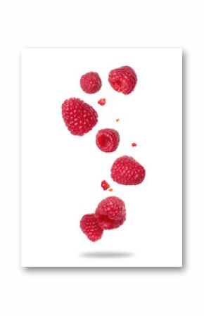 Ripe raspberries floating in the air close-up on a white background