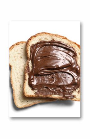 Toasts with sweet chocolate spread on white background