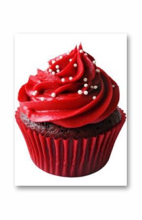 Chocolate cupcake with red swirl frosting and white sprinkles, isolated on white transparent background. Concept of dessert and celebration treat