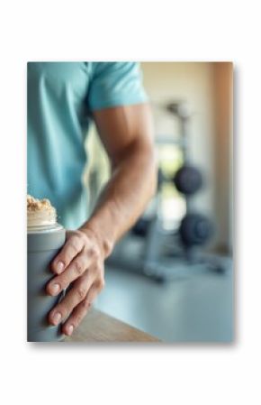 Man pouring whey protein powder into shaker bottle. Preparing protein shake at gym. Healthy lifestyle concept. Sport, nutrition supplements for body building, weight gaining, dieting, fitness, health.