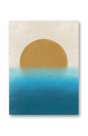Minimalist background with gold sun and gradient blue sea. Modern abstract landscape with sunset or sunrise. Pastel drawing effect. Hand drawn illustration in Procreate.