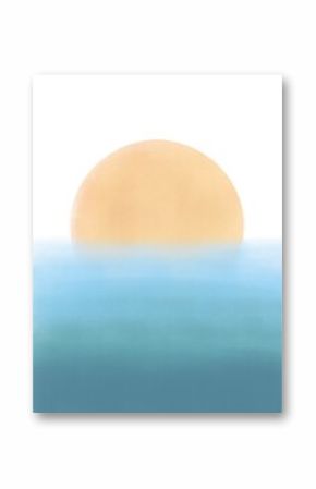 Minimalist background with gold sun and ombre blue sea. Modern abstract landscape with sunset or sunrise. Pastel drawing effect.