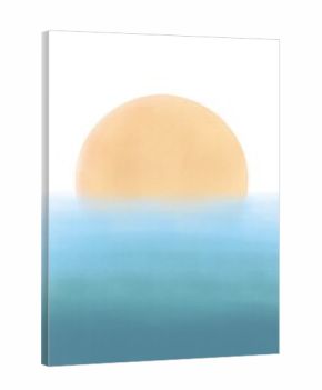 Minimalist background with gold sun and ombre blue sea. Modern abstract landscape with sunset or sunrise. Pastel drawing effect.