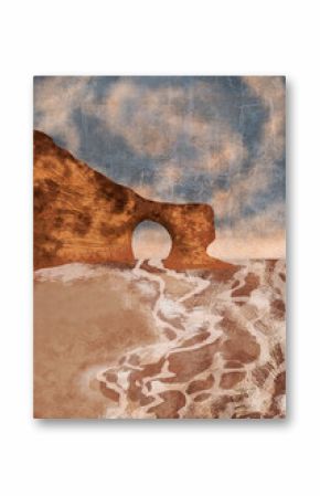 Boho Sea Beach with Waves Print and Clif. Abstract Background. Bohemian printable wall art, boho poster, pastel abstract art, landscape drawing, sea painting. Hand Drawn Effect