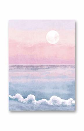 Boho Sea Beach with Waves Print. Abstract Background. Bohemian printable wall art, boho poster, pastel abstract art, landscape drawing, sea painting. Hand Drawn Effect