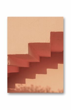 A photo of stairs in minimal boho style. Painted plaster texture. Summer shadows on the wall.