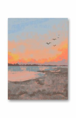 Modern Boho Pinkish Sea Beach with Birds Art Print. Abstract Minimal Art Poster. Bohemian printable wall art, boho poster, pastel abstract art, landscape drawing, sea painting. Abstract Arrangements