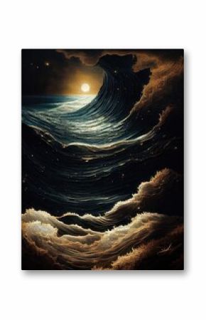 Sea dark night landscape. Moonlight reflected in the waves of the ocean. Sea stormy wave with foam, nature abstraction.