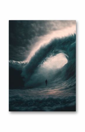 Dreamlike beach scene, a huge tsunami wave about to break over a mysterious figure, surreal dream landscape with symbolism of anxiety, loneliness and worry, fantasy realistic digital illustration