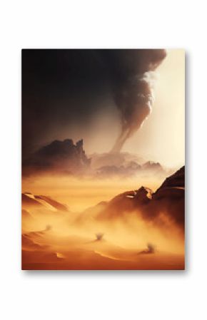 apocalypse desert landscape with smoke from explosion in distance