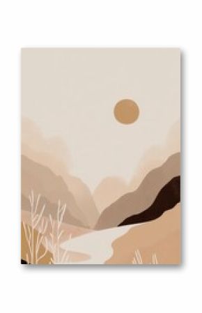 Neutral flat and Minimalist Boho Aesthetic abstract background wallpaper, artwork, mountain, leaves, art. illustration of background. iPhone wallpaper. AI-Generated