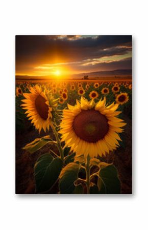 Sunset over a field of sunflowers. AI generated