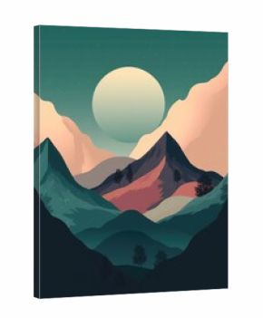 Vintage style Minimalist Boho Landscape, with Mountains, Moon, Clouds, Trees, Road. Generative AI. Art Print Poster. Abstract Printable Poster