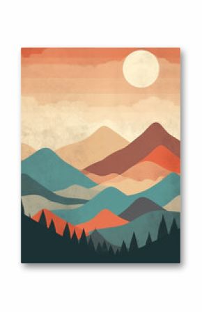 Boho mountains and sun landscape illustration. Ai generated