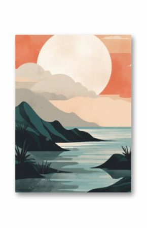 Boho mountains, water and sun landscape illustration. Ai generated