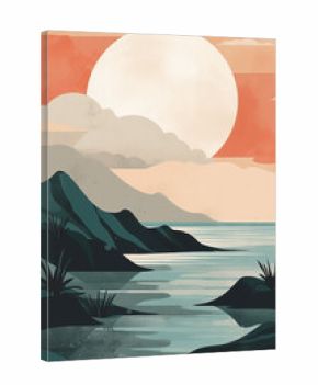 Boho mountains, water and sun landscape illustration. Ai generated