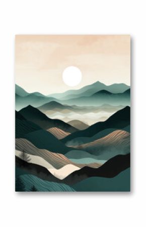 Boho mountains and sun landscape illustration. Ai generated
