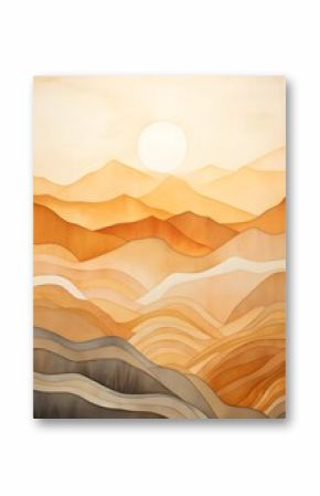Watercolor Orange and yellow mountains landscape with sun in the sky, organic shapes, wall art, bohemian, Nordic, portrait painting