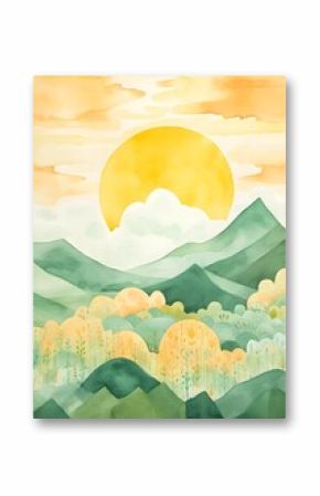 Watercolor green and yellow mountains landscape with sun in the sky, organic shapes, wall art, bohemian, Nordic, portrait painting