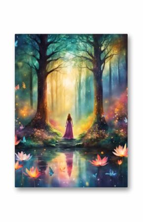 Gorgeous woman in surreal forest with reflection in water artwork illustration