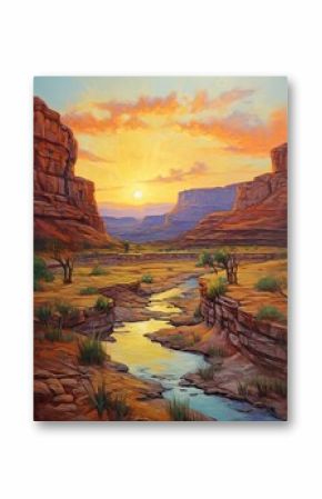 Vintage Bohemian Desert Sunsets: Acrylic Landscape Art with Evening Glow � Captivating Vintage Art Print