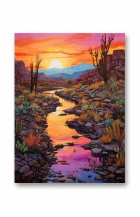 Bohemian Desert Sunsets: Stream and Brook Art in Twilight Landscape - Rustic Wall Decor