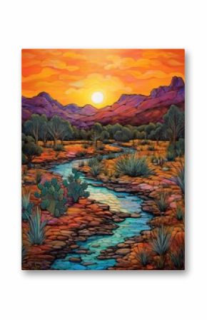 Quaint Rustic Wall Decor: Bohemian Desert Sunsets, Stream and Brook Art in Twilight Landscape
