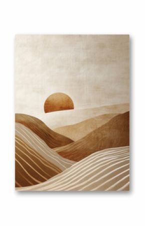 minimalistic painting with geometric lines, abstract modern boho landscape. wall art with grunge effect and strong brush strokes