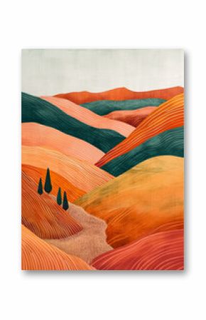 minimalistic painting with geometric lines, abstract modern boho landscape. wall art with grunge effect and strong brush strokes