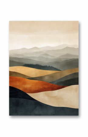 minimalistic painting with geometric lines, abstract modern boho landscape. wall art with grunge effect and strong brush strokes