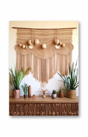 Macrame and Feather Hangings: A Desert Landscape Art Featuring Sand Dune Macrame Scene