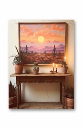 Boho Desert Sunset Paintings: Vintage Landscape with Bohemian Desert Charm