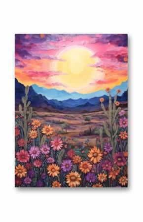 Boho Sunset Desert Paintings: Sunsets Embellishing Desert Wildflower Fields
