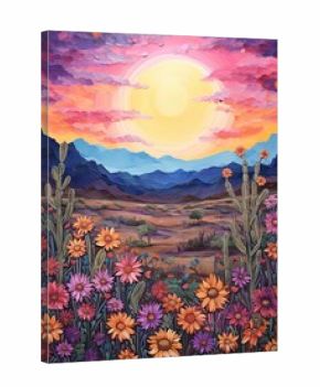 Boho Sunset Desert Paintings: Sunsets Embellishing Desert Wildflower Fields