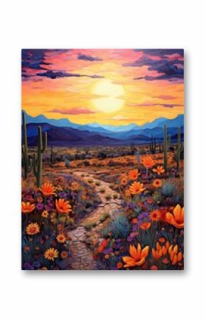 Boho Desert Sunset Paintings: Captivating Sunsets and Vibrant Wildflowers