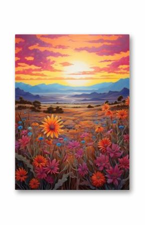 Boho Desert Sunset Paintings: Captivating Bohemian Sunsets over Desert Wildflower Fields