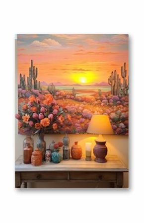 Intertwined Serenity: Boho Desert Sunset Paintings Immersed in Mesmeric Sunsets and Blooms