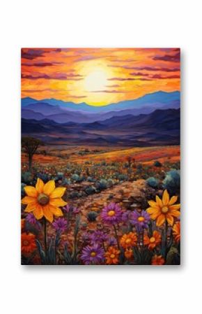 Boho Desert Sunset Paintings: Mesmeric Desert Wildflowers Under a Captivating Sunset