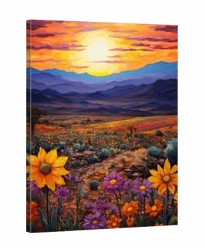 Boho Desert Sunset Paintings: Mesmeric Desert Wildflowers Under a Captivating Sunset