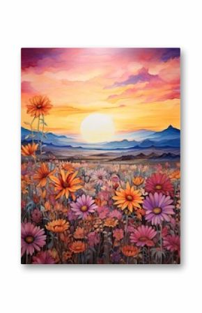 Boho Desert Sunset Paintings: Mesmeric Desert Wildflowers Under a Luminous Sunset