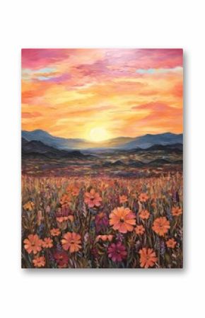 Boho Desert Sunset Paintings: Vintage Canvas with Sun-Kissed Wildflower Fields