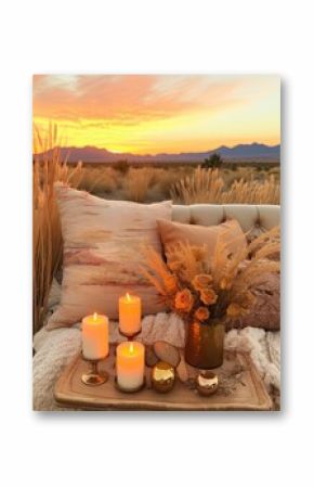 Golden Hour Glow in Boho Desert: Field Painting of a Majestic Sunset Image